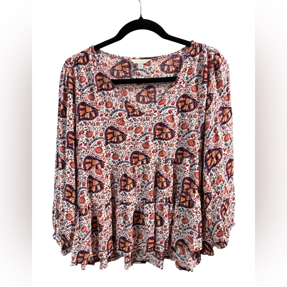 Lucky Brand Women Medium Boho Floral Paisley Tiered Peplum Top Multicolor V-Neck